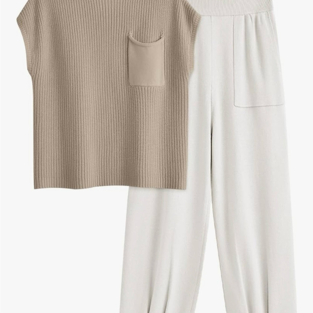Amazon Essentials Tan Knit Top and Cream Wide Leg Pants Set